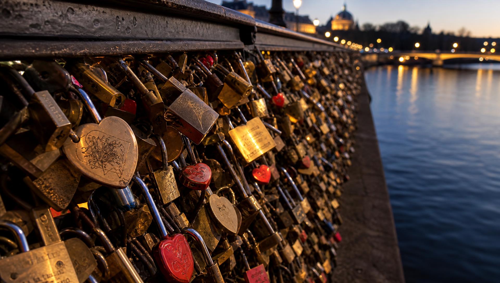 A rail crowded with weathered padlocks at golden hour